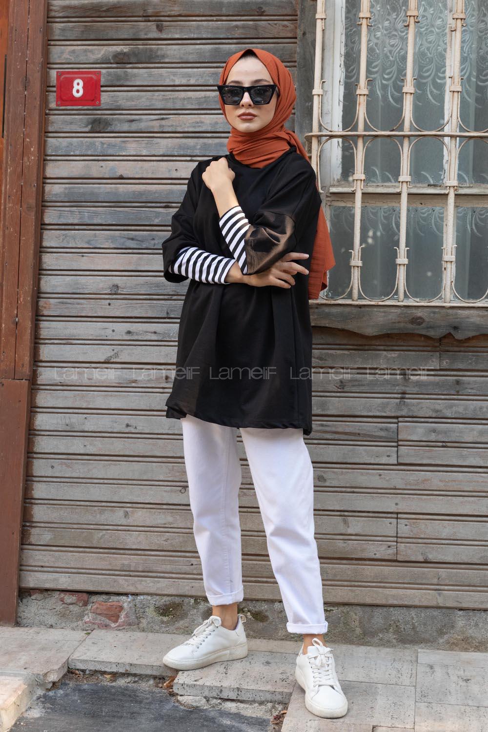 Modalamelif Kol Çizgili Sweatshirt Siyah