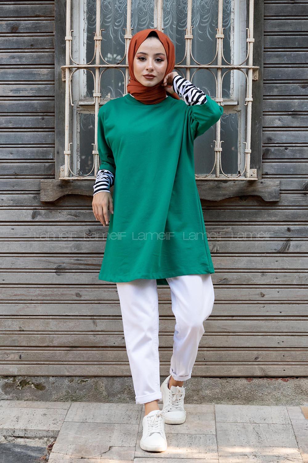 Modalamelif Kol Çizgili Sweatshirt Yeşil