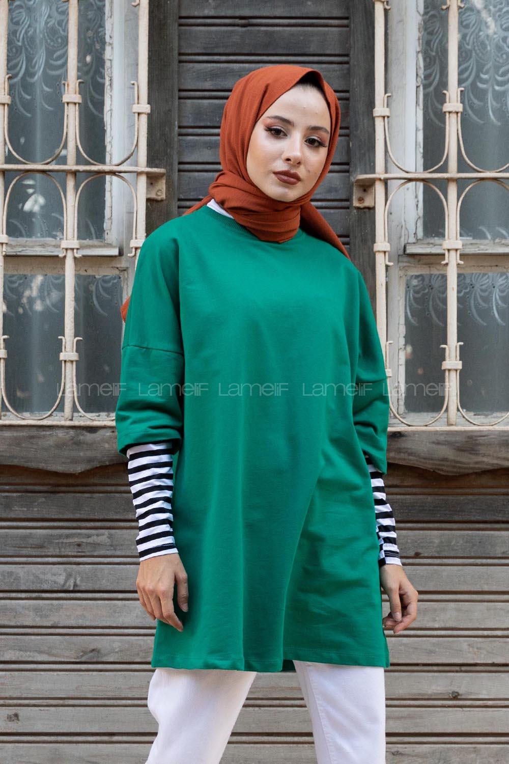 Modalamelif Kol Çizgili Sweatshirt Yeşil