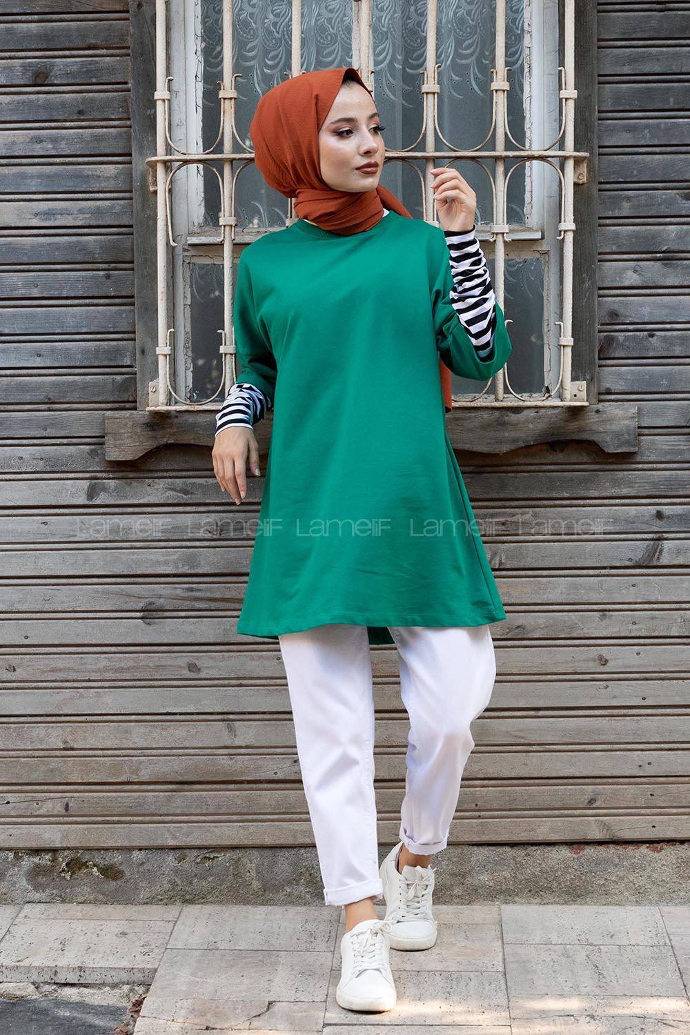 Modalamelif Kol Çizgili Sweatshirt Yeşil