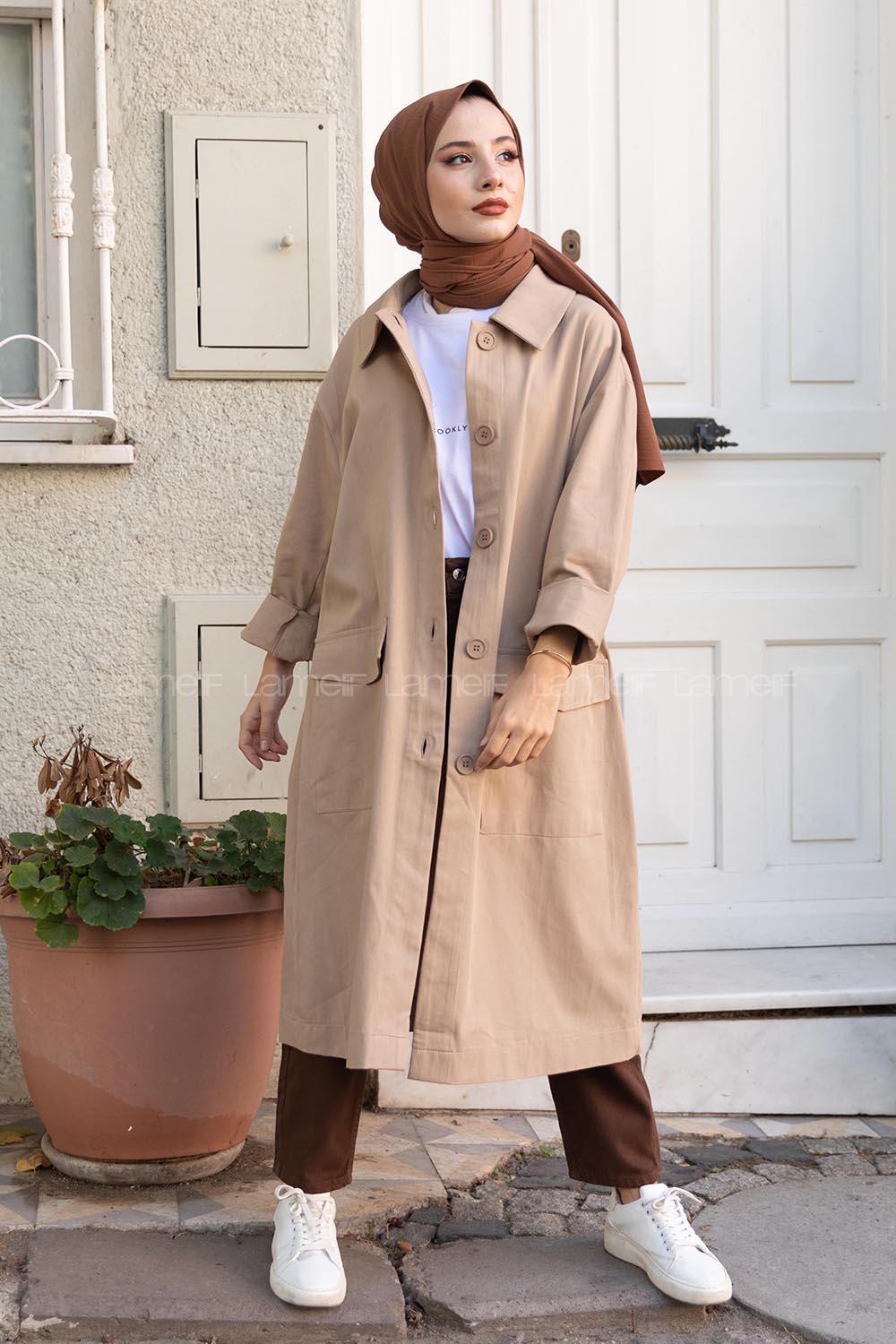 Modalamelif Önü Düğmeli Kapak Cepli Trenç Bej