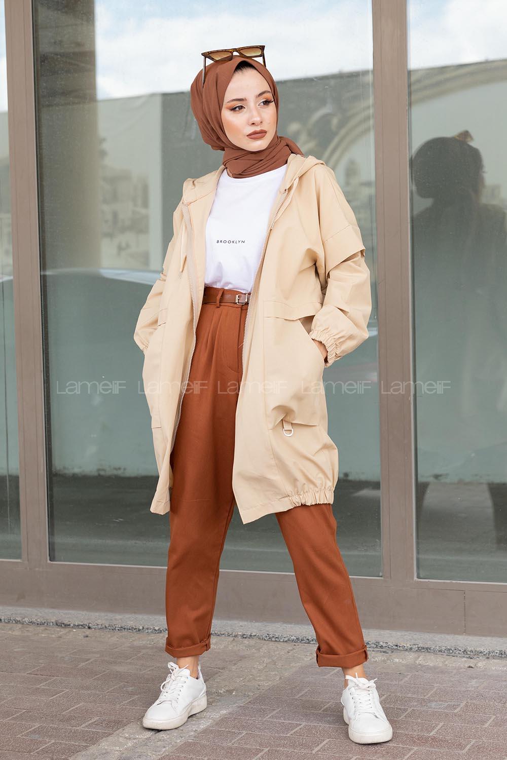 Modalamelif Bel Lastikli Yandan Cepli Trenç Bej