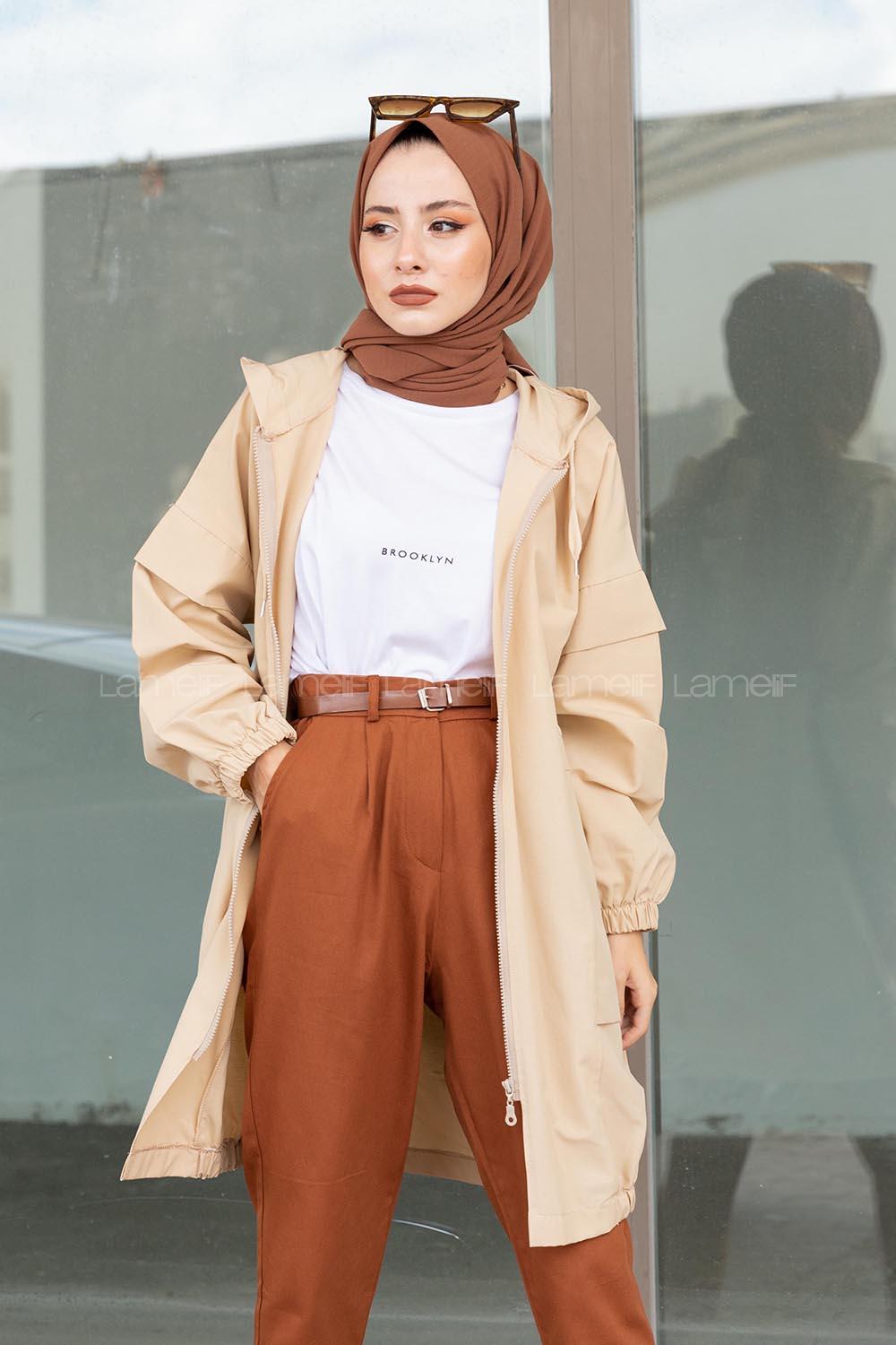 Modalamelif Bel Lastikli Yandan Cepli Trenç Bej