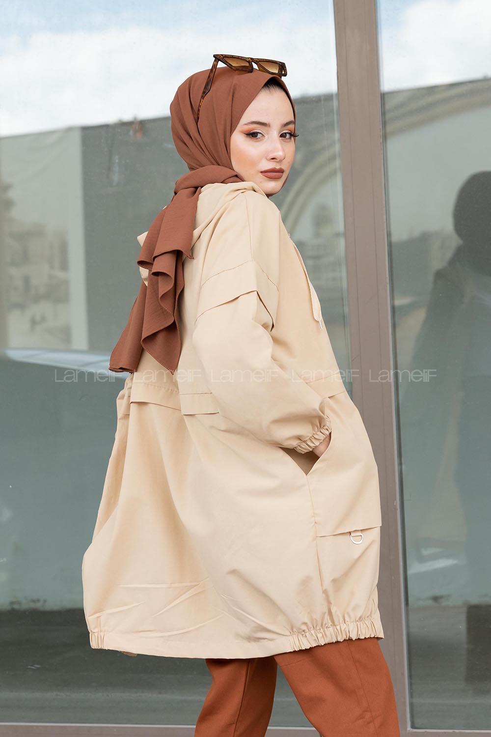 Modalamelif Bel Lastikli Yandan Cepli Trenç Bej