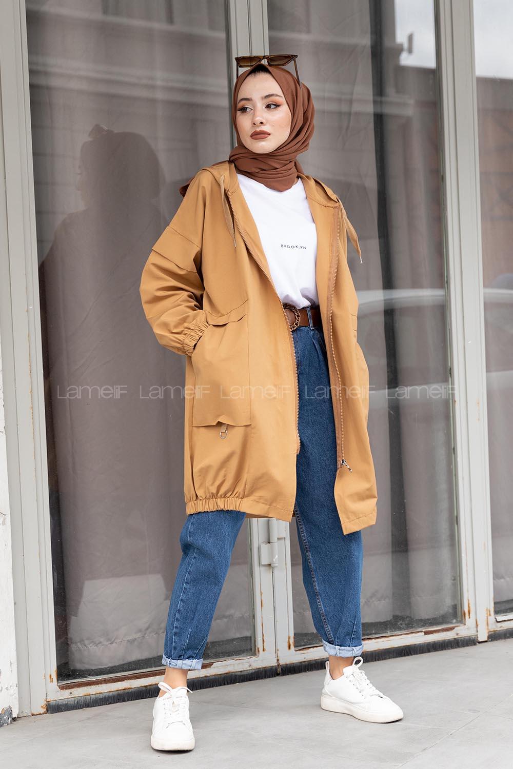 Modalamelif Bel Lastikli Yandan Cepli Trenç Camel