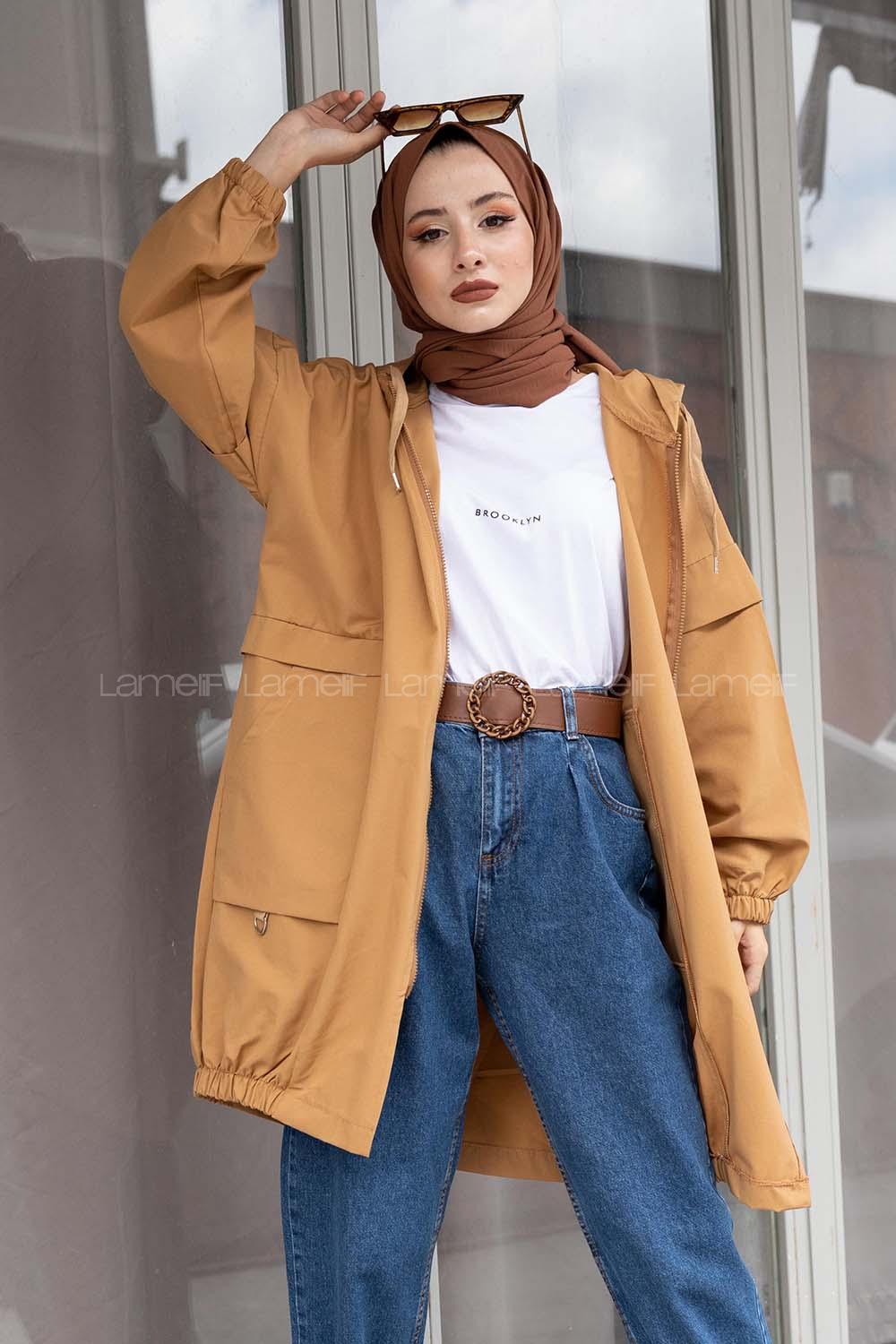 Modalamelif Bel Lastikli Yandan Cepli Trenç Camel