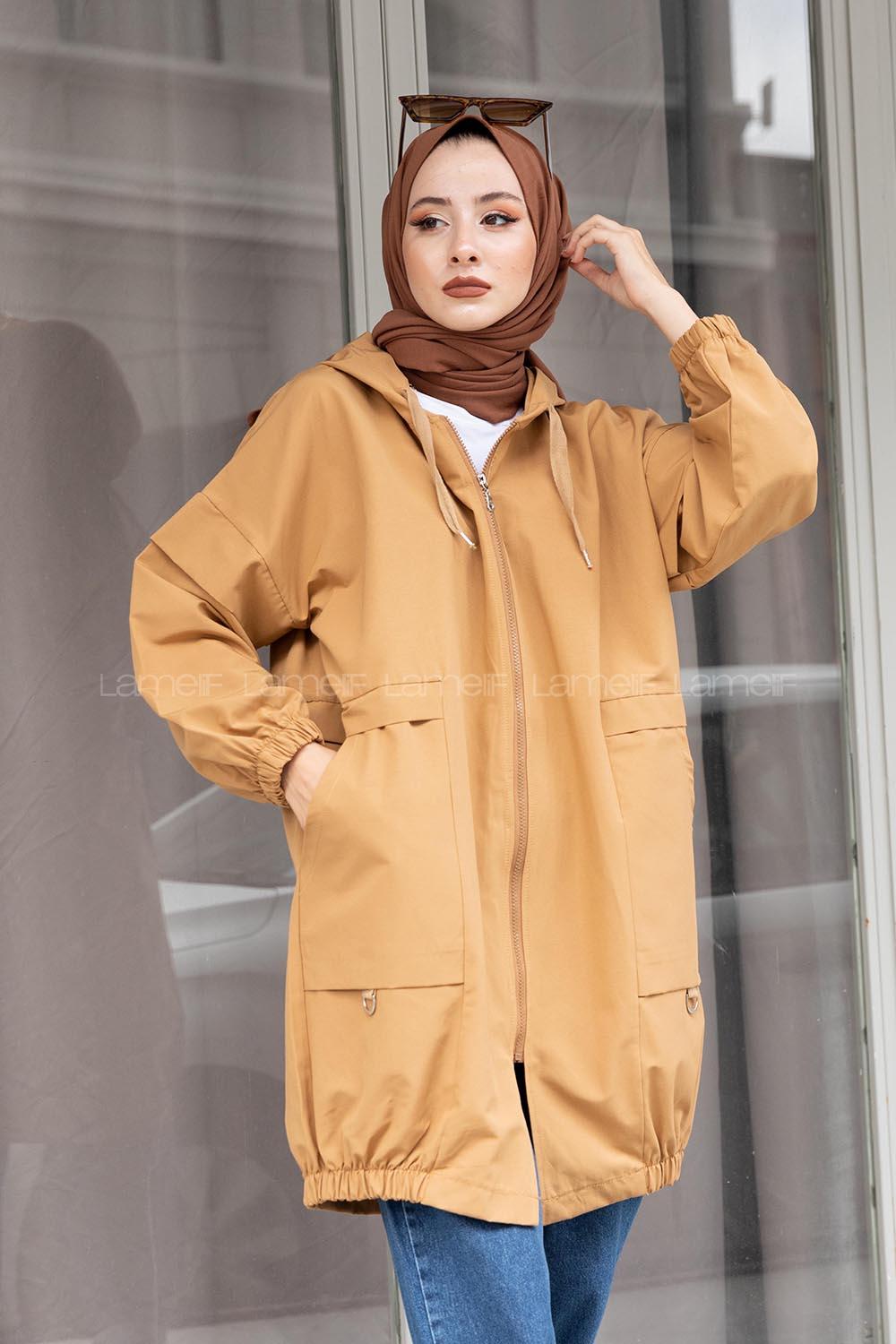 Modalamelif Bel Lastikli Yandan Cepli Trenç Camel