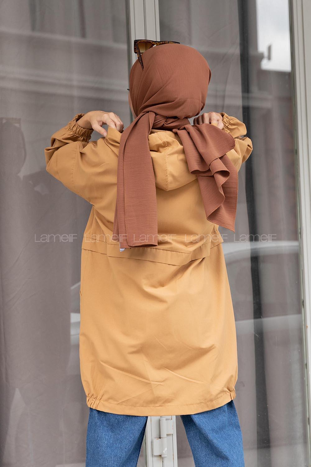 Modalamelif Bel Lastikli Yandan Cepli Trenç Camel