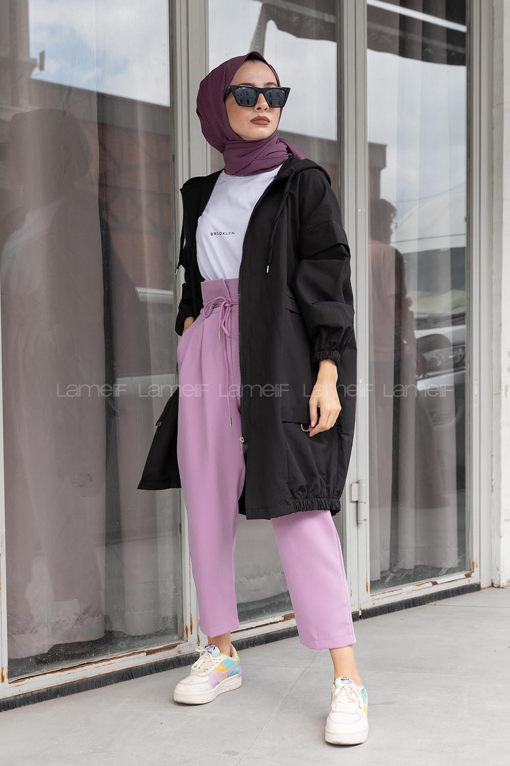 Modalamelif Bel Lastikli Yandan Cepli Trenç Siyah