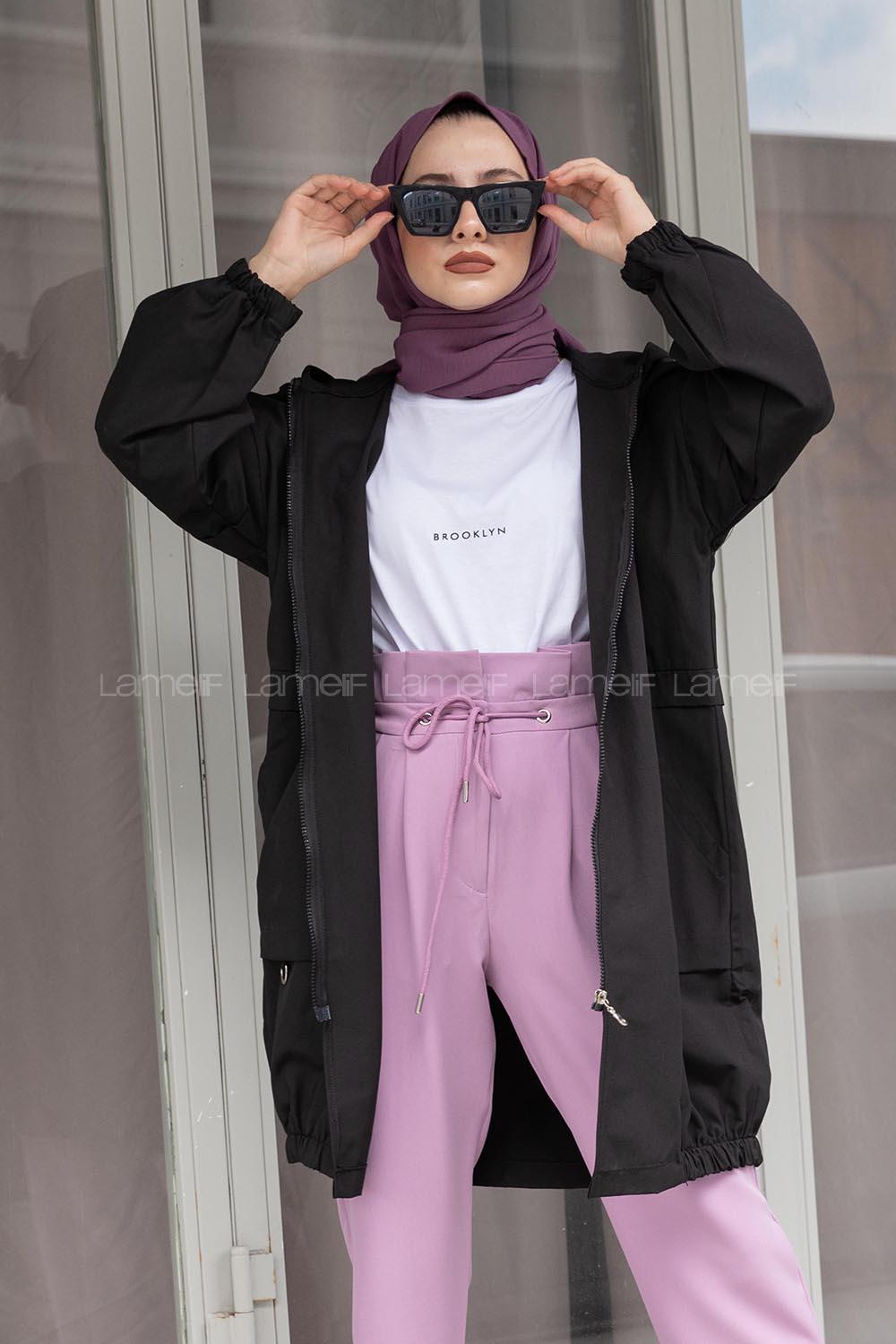 Modalamelif Bel Lastikli Yandan Cepli Trenç Siyah