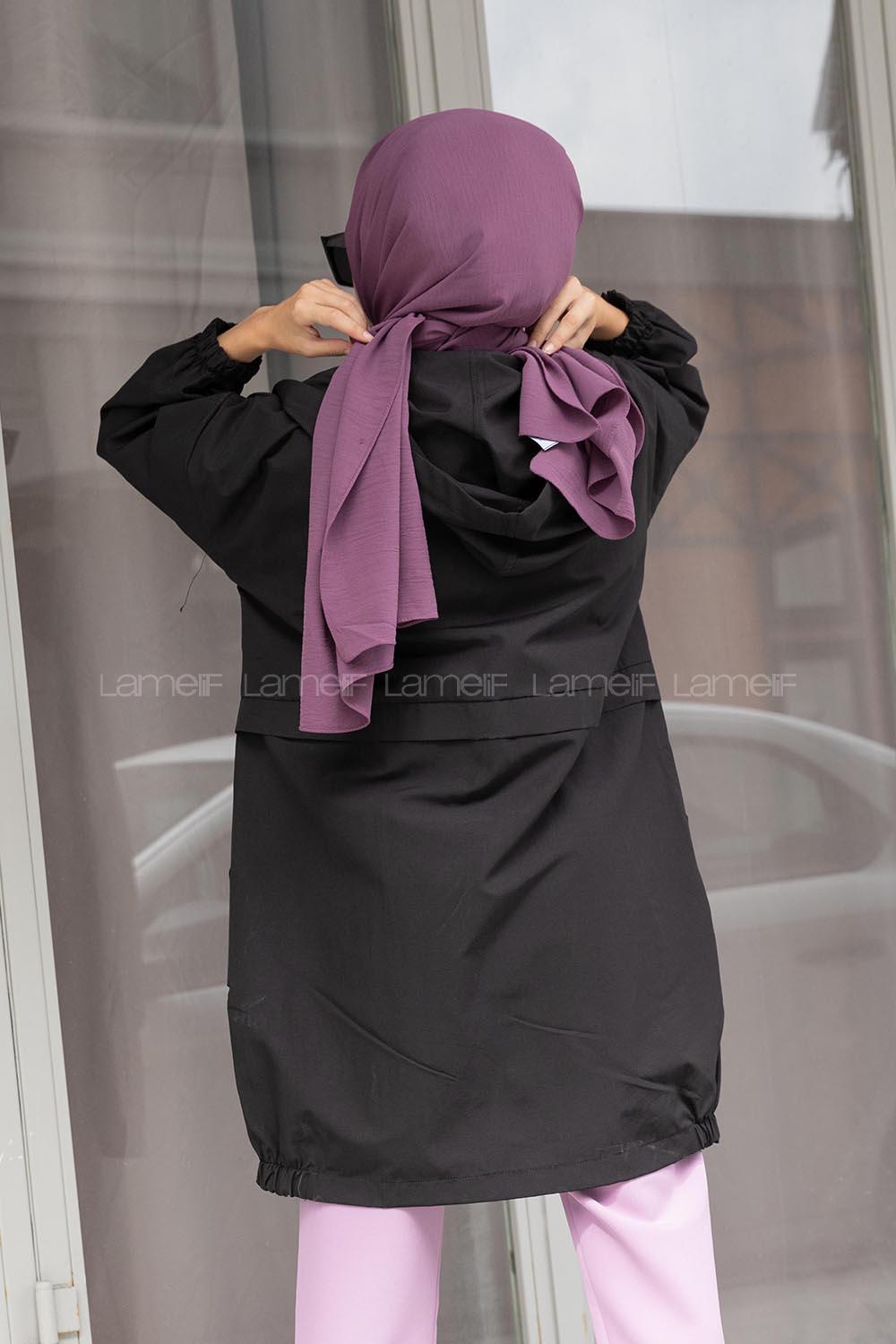 Modalamelif Bel Lastikli Yandan Cepli Trenç Siyah