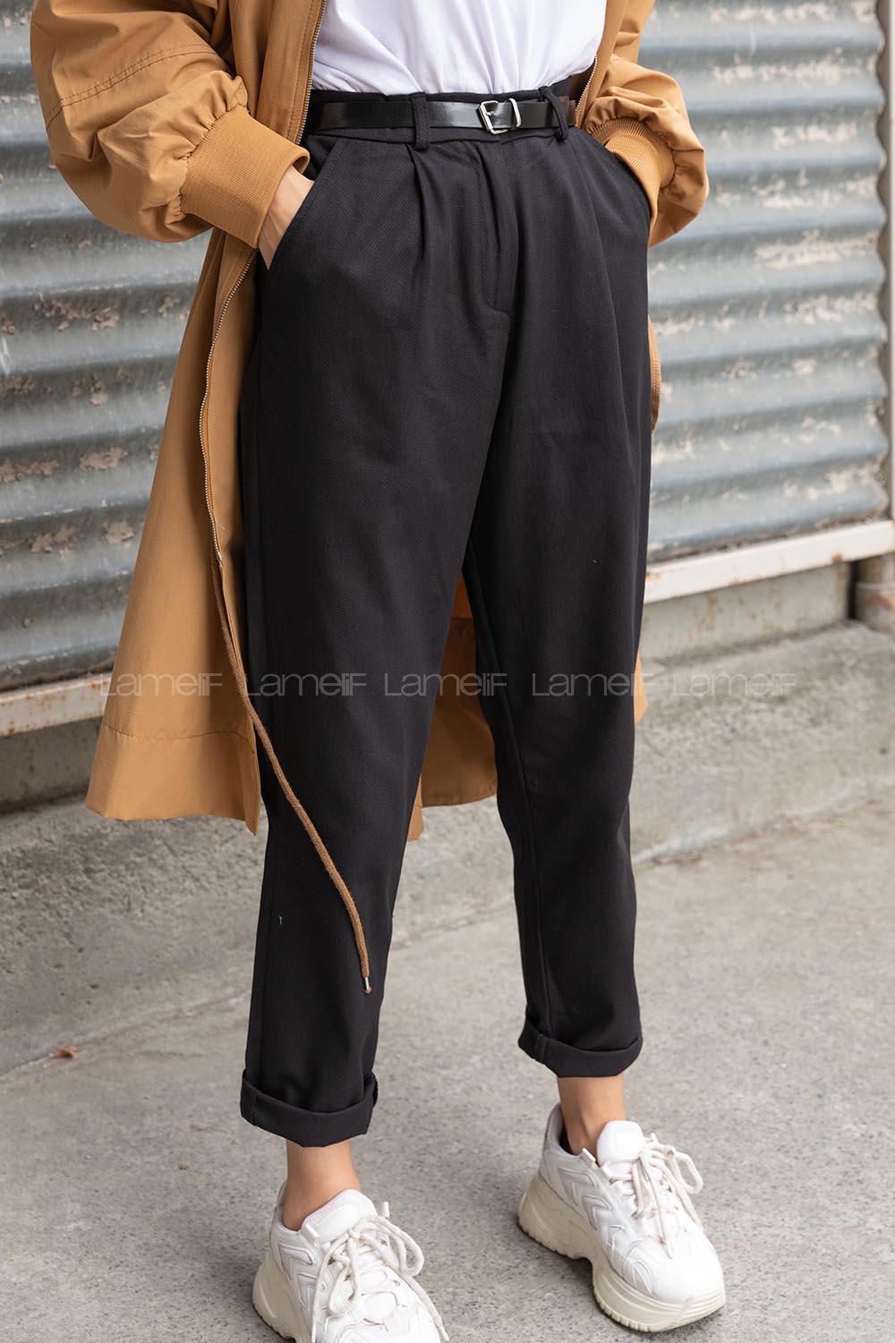 Modalamelif İnce Kemerli Pantolon Siyah