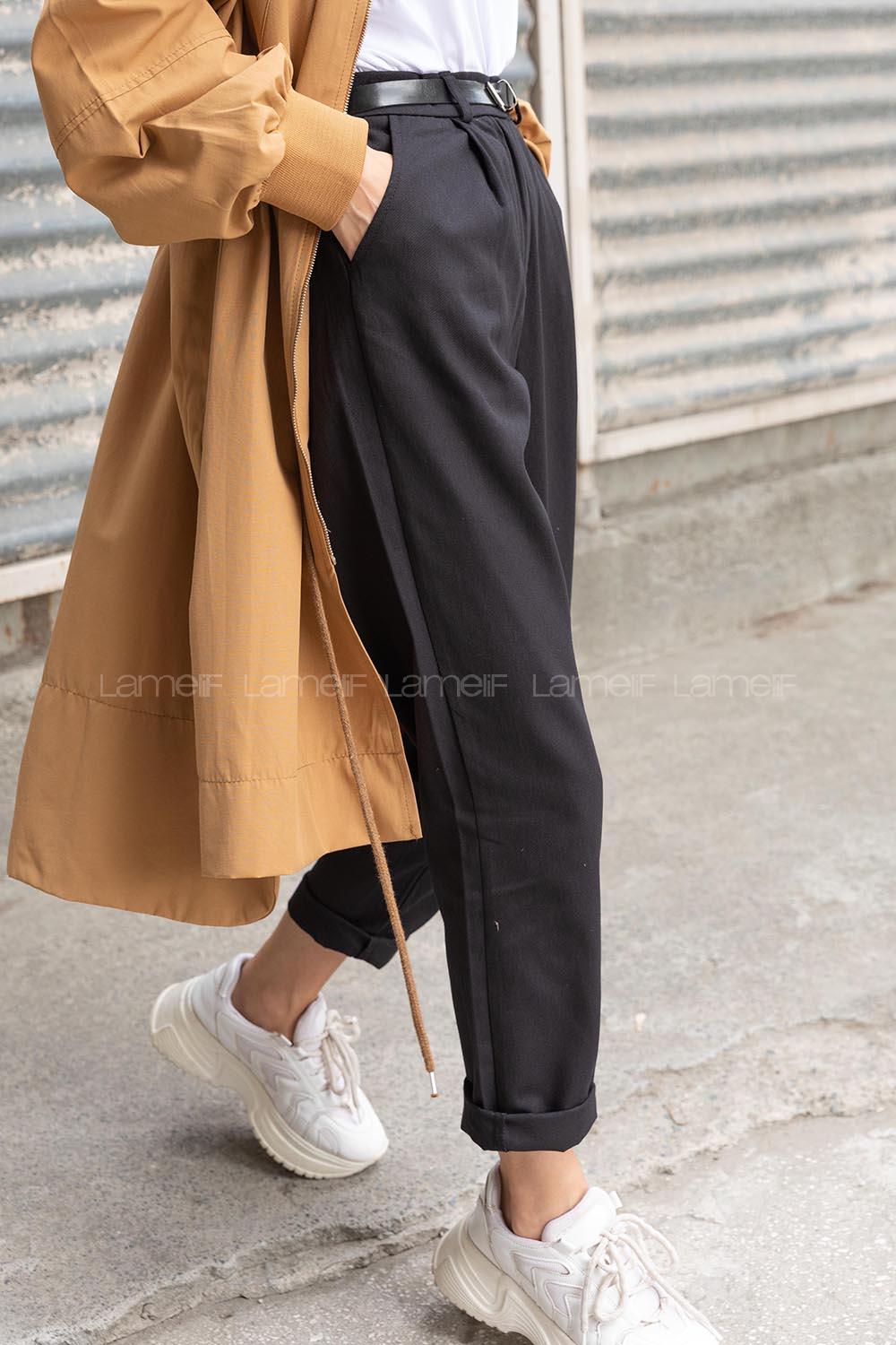 Modalamelif İnce Kemerli Pantolon Siyah