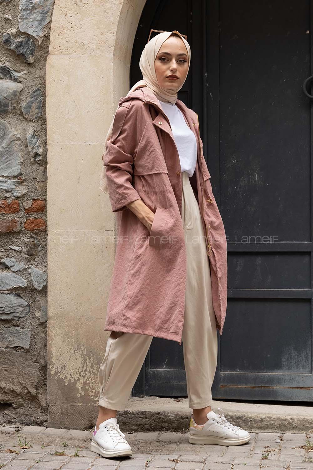 Modalamelif Ön Gizli Fermuarlı Kapşonlu Trenç Pudra