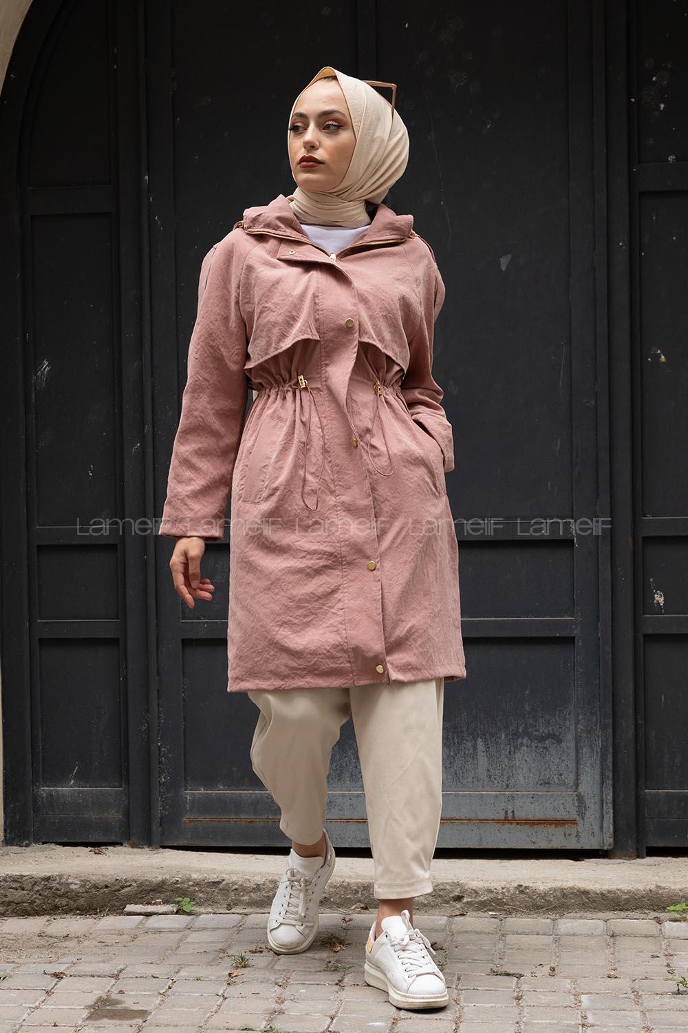 Modalamelif Ön Gizli Fermuarlı Kapşonlu Trenç Pudra