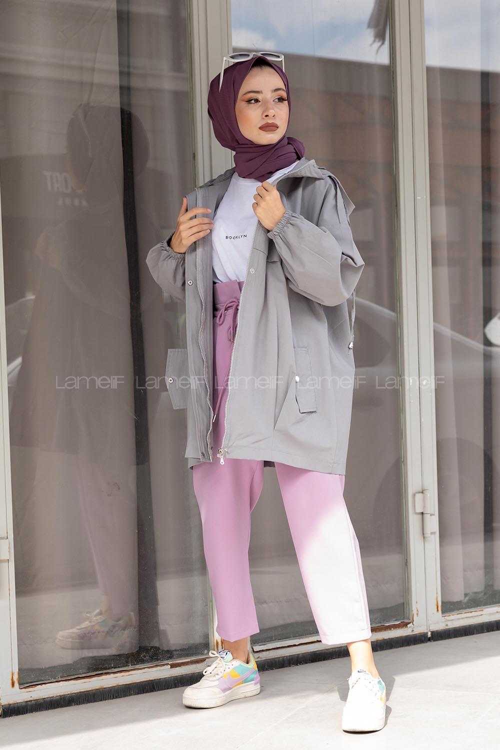 Modalamelif Önü Çıtçıt Düğmeli Kapşonlu Trenç Gri