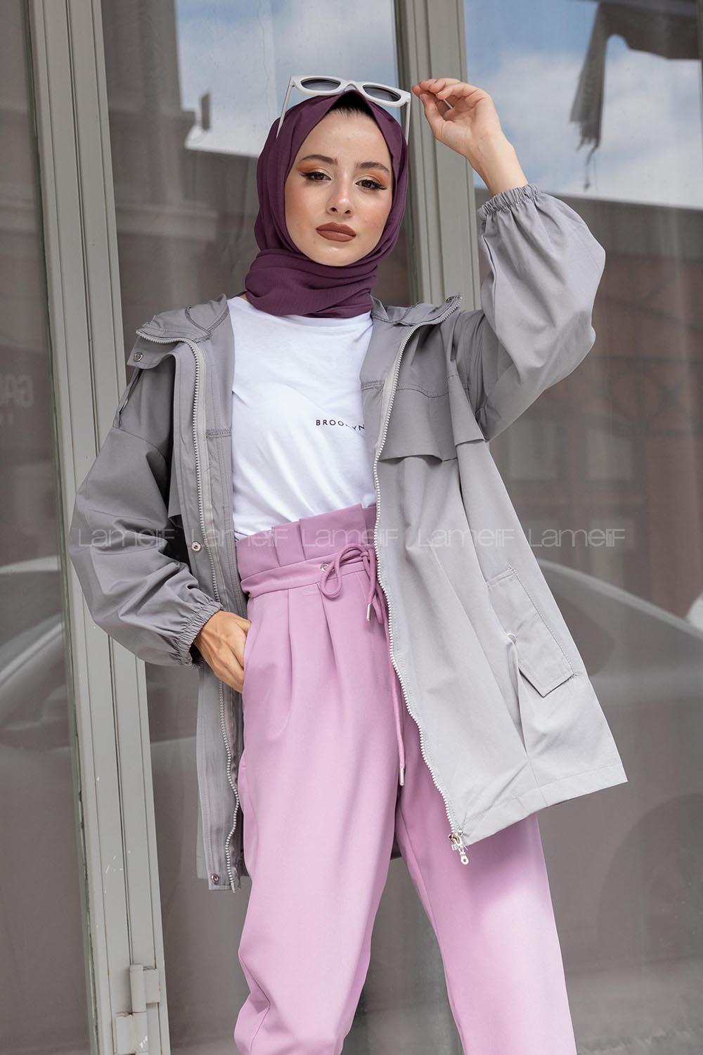 Modalamelif Önü Çıtçıt Düğmeli Kapşonlu Trenç Gri