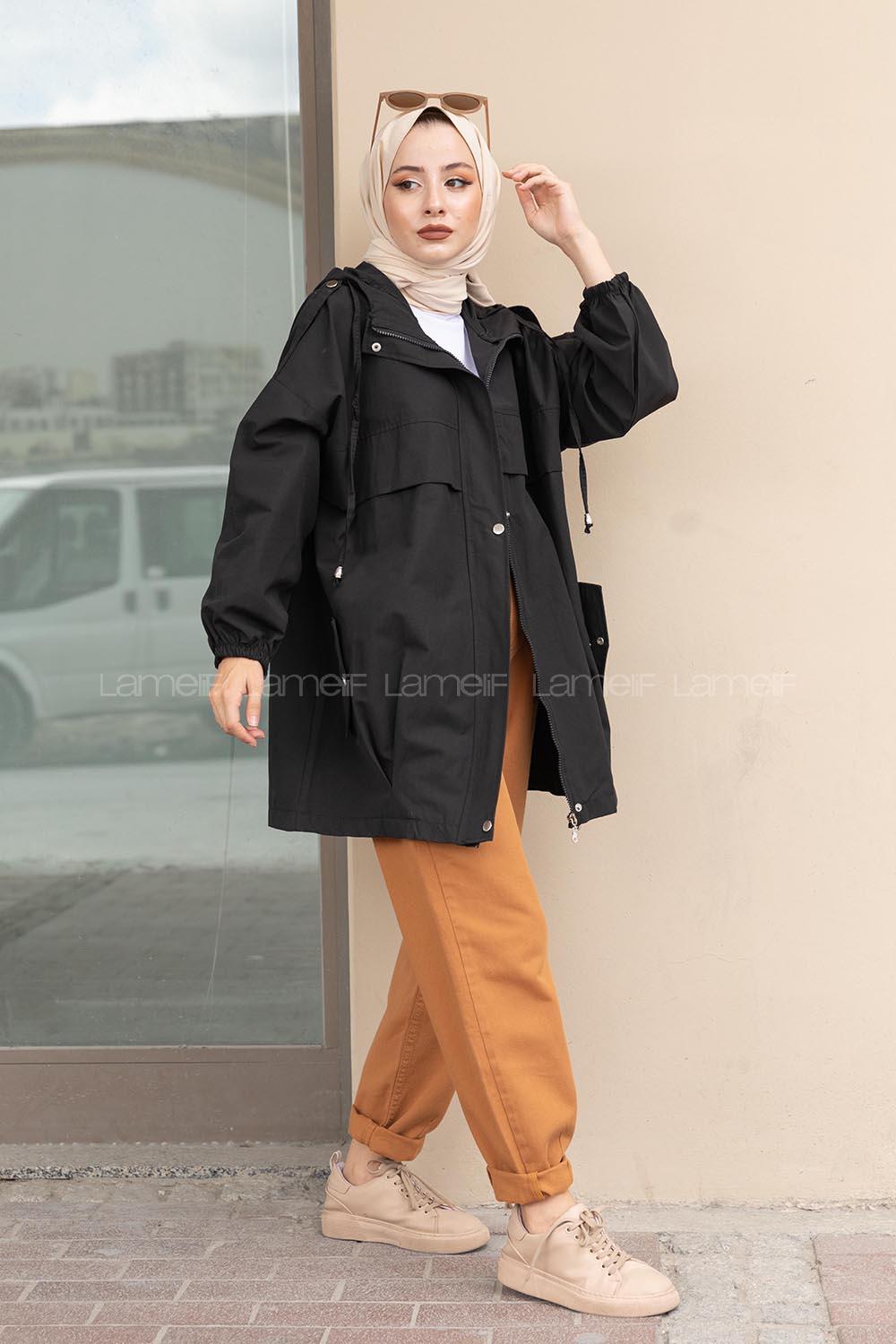 Modalamelif Önü Çıtçıt Düğmeli Kapşonlu Trenç Siyah