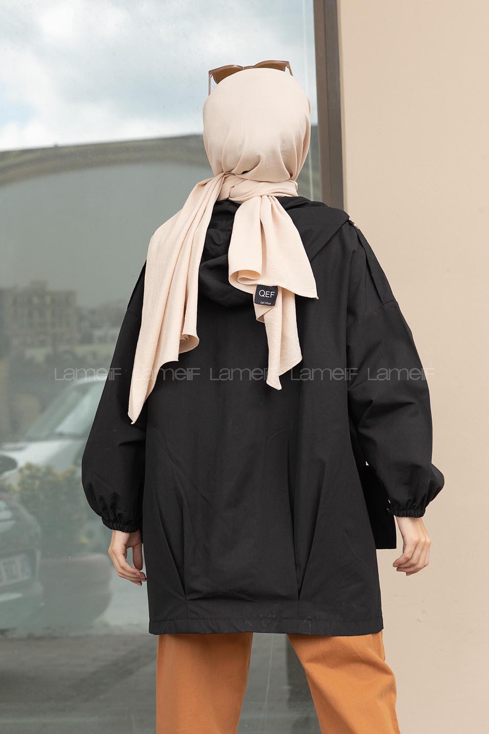 Modalamelif Önü Çıtçıt Düğmeli Kapşonlu Trenç Siyah