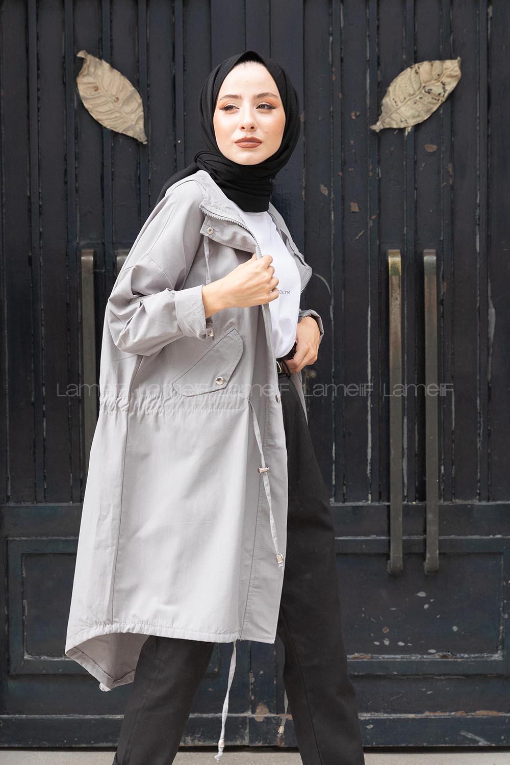 Modalamelif Önü Çıtçıt Düğmeli Kuşgözlü Trenç Gri