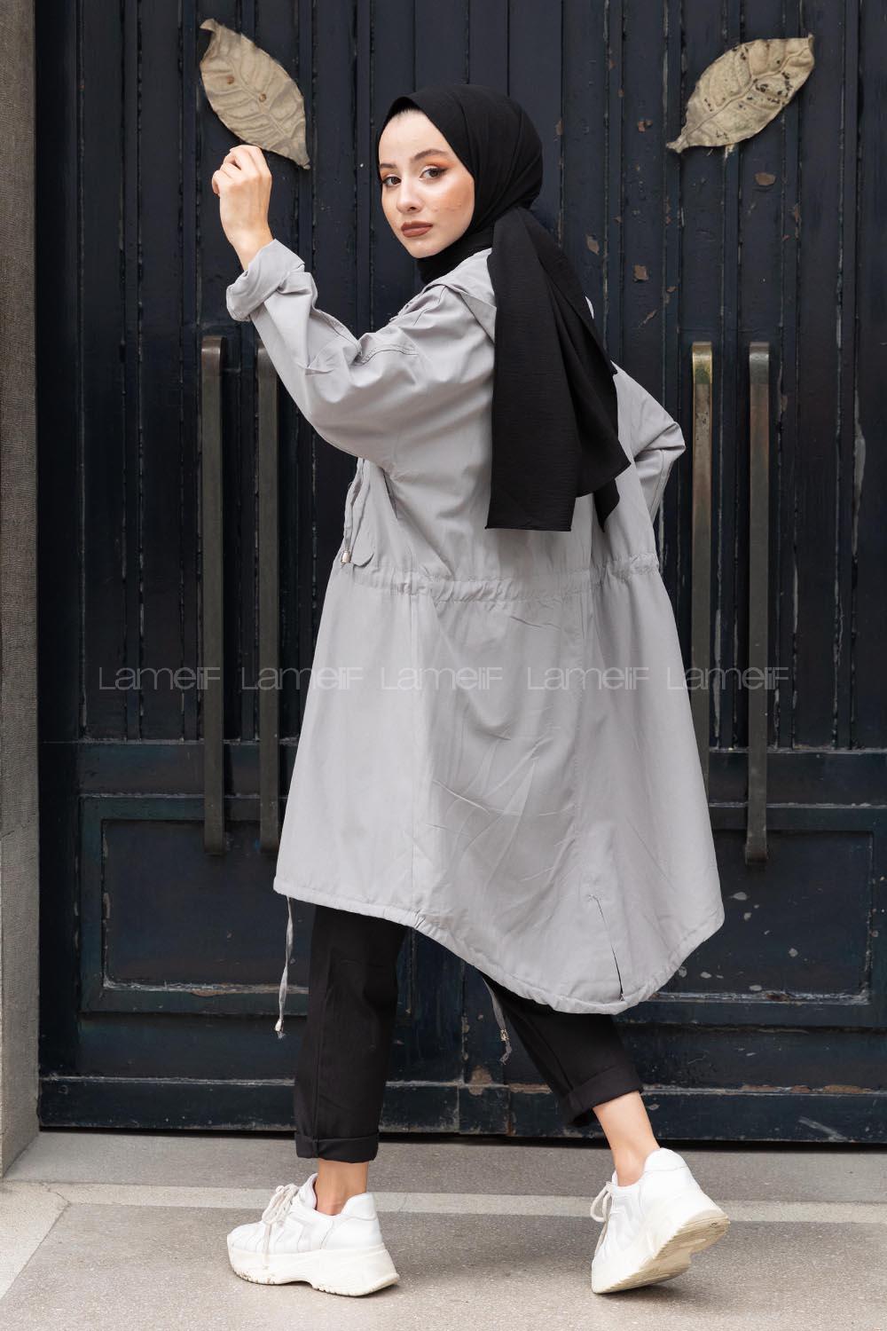 Modalamelif Önü Çıtçıt Düğmeli Kuşgözlü Trenç Gri