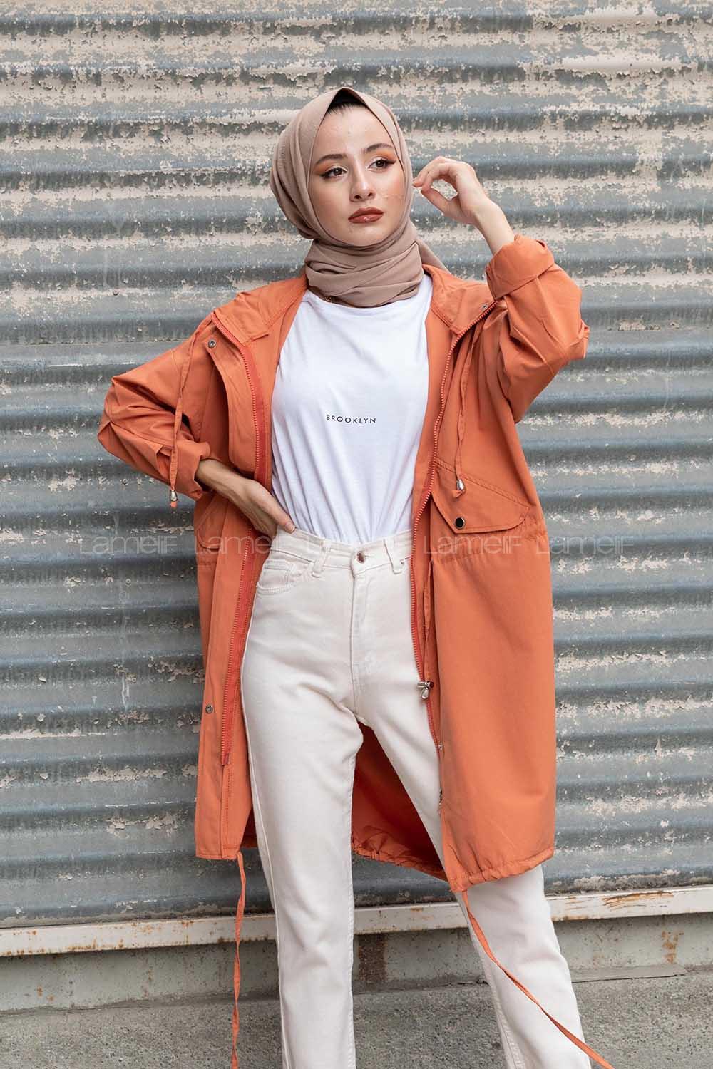 Modalamelif Önü Çıtçıt Düğmeli Kuşgözlü Trenç Kiremit