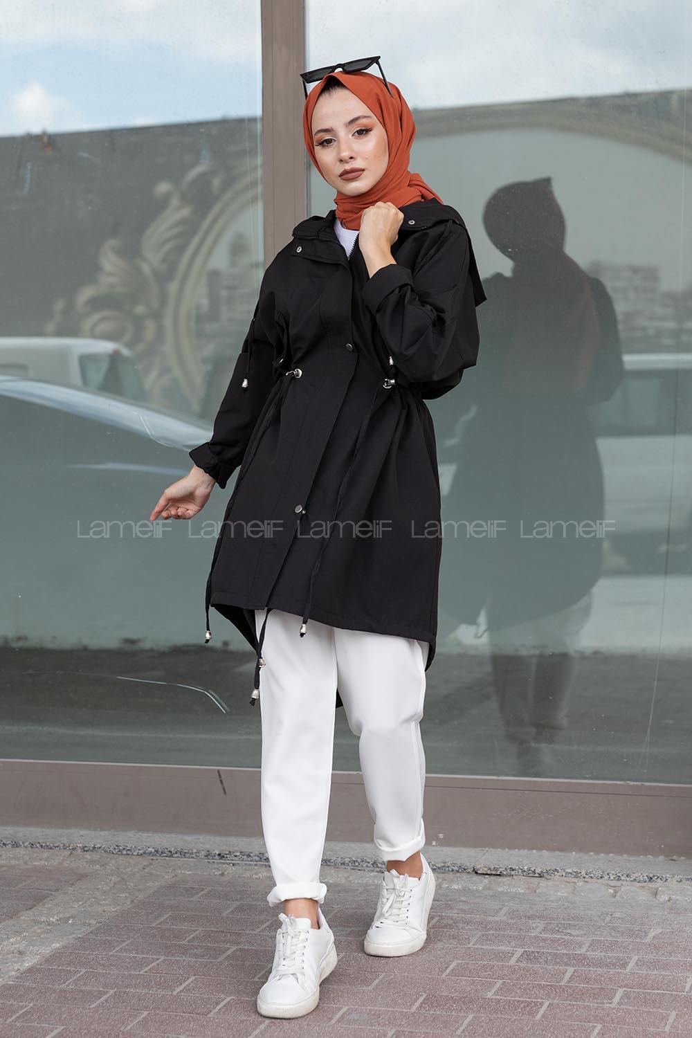 Modalamelif Önü Çıtçıt Düğmeli Kuşgözlü Trenç Siyah