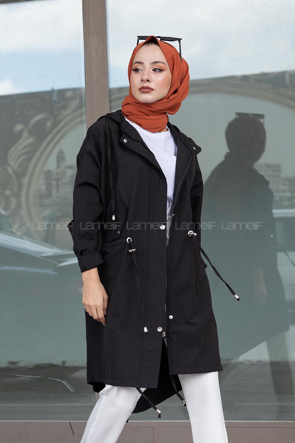 Modalamelif Önü Çıtçıt Düğmeli Kuşgözlü Trenç Siyah