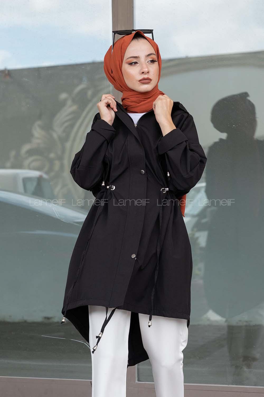 Modalamelif Önü Çıtçıt Düğmeli Kuşgözlü Trenç Siyah