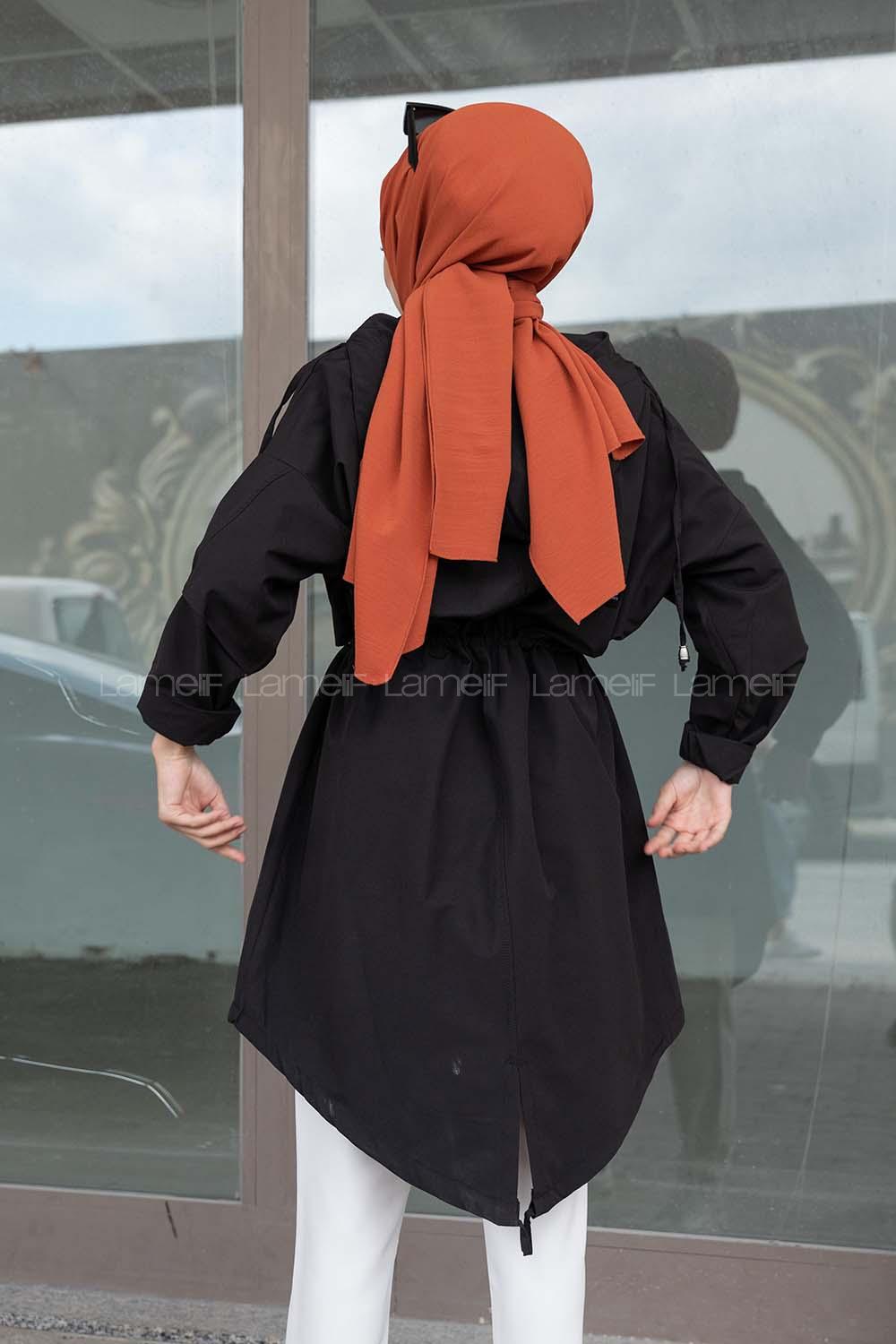 Modalamelif Önü Çıtçıt Düğmeli Kuşgözlü Trenç Siyah