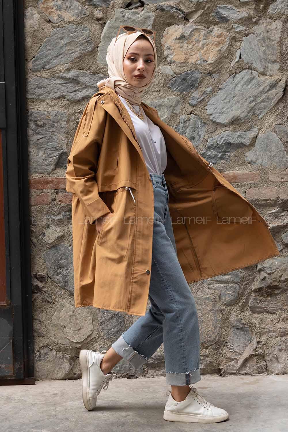 Modalamelif Önü Gizli Fermuarlı Kapşonlu Trenç Camel