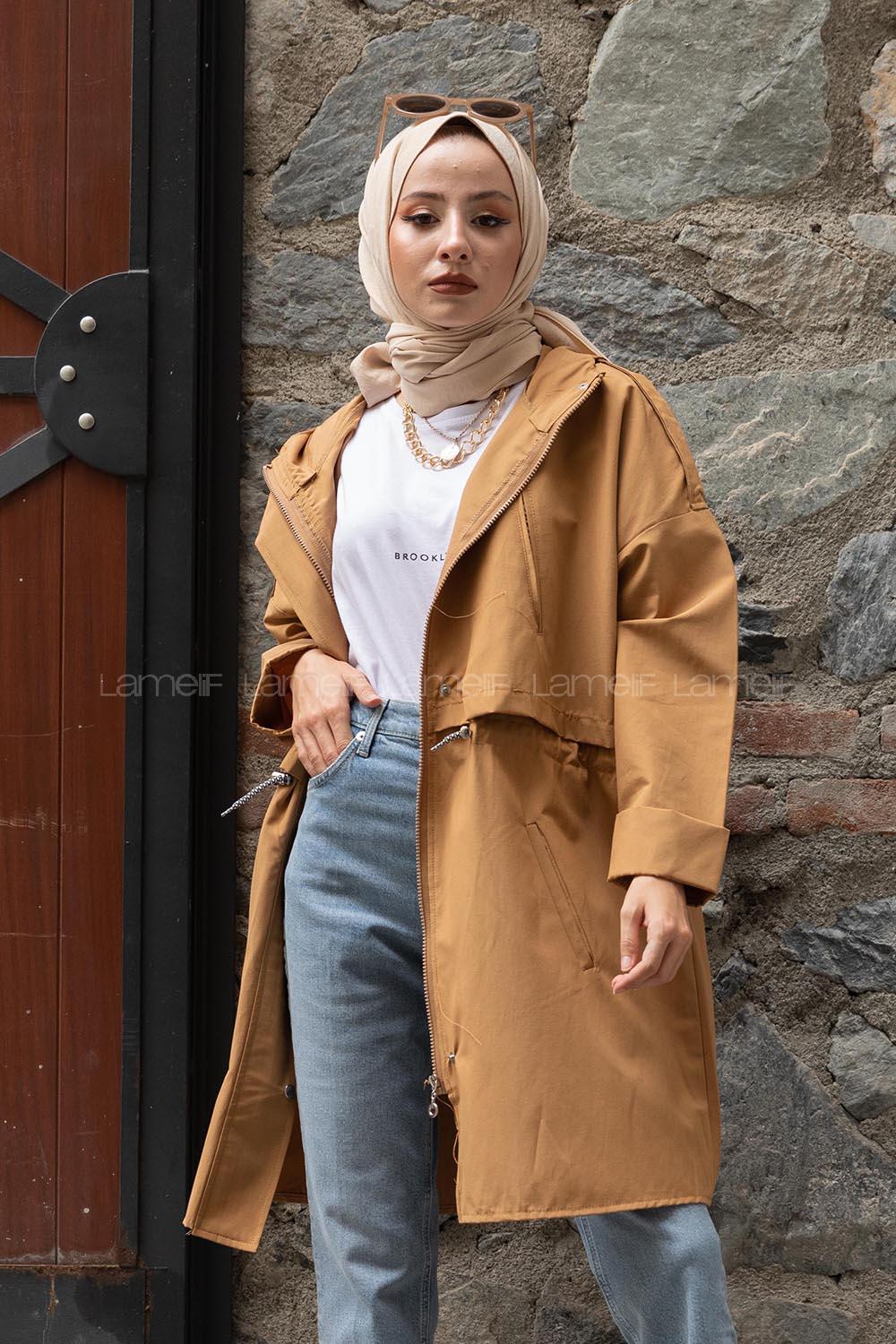 Modalamelif Önü Gizli Fermuarlı Kapşonlu Trenç Camel