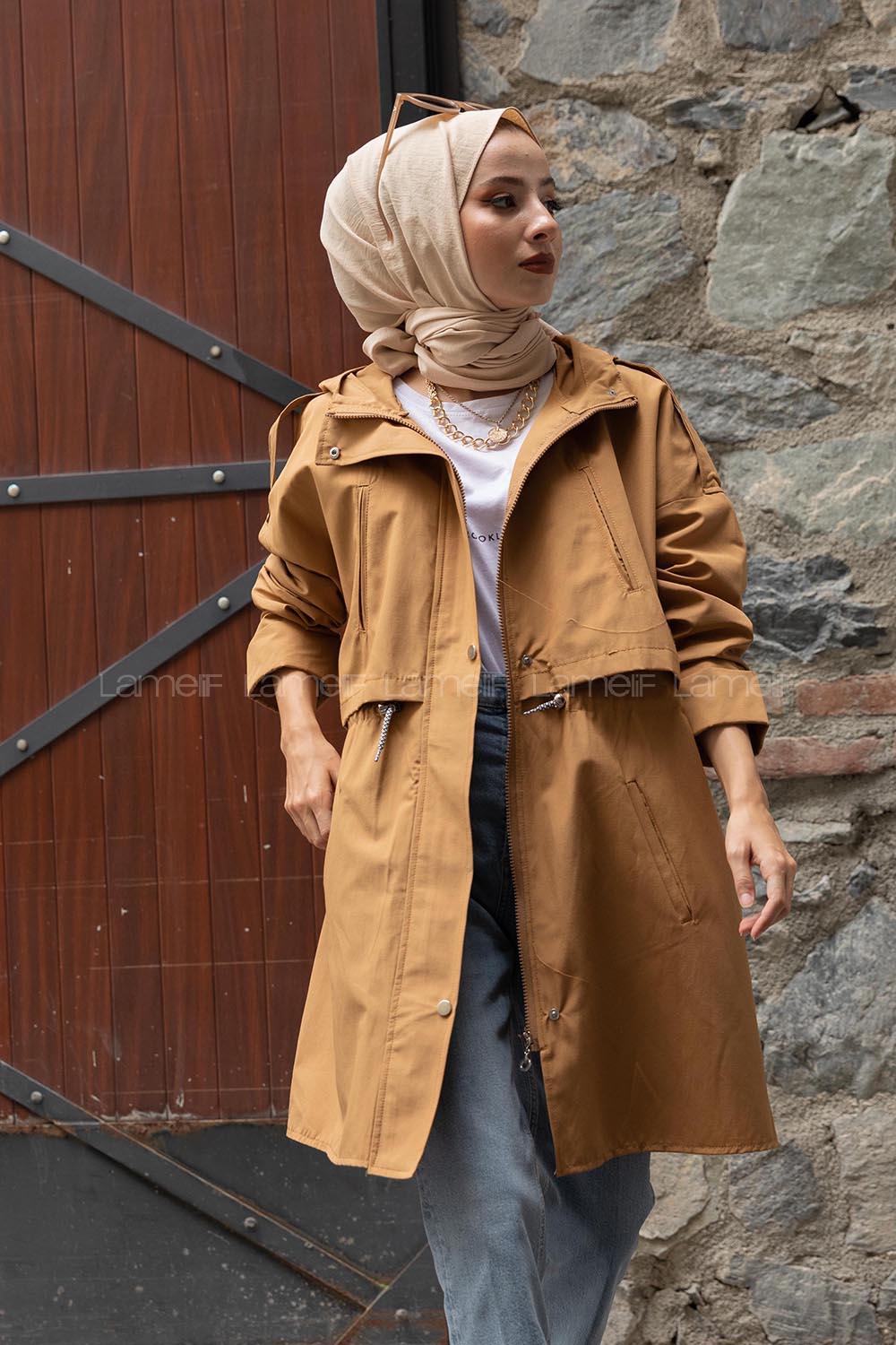 Modalamelif Önü Gizli Fermuarlı Kapşonlu Trenç Camel