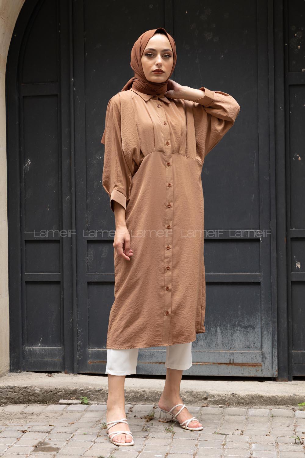 Modalamelif Yarasa Kol Pileli Gömlek Camel