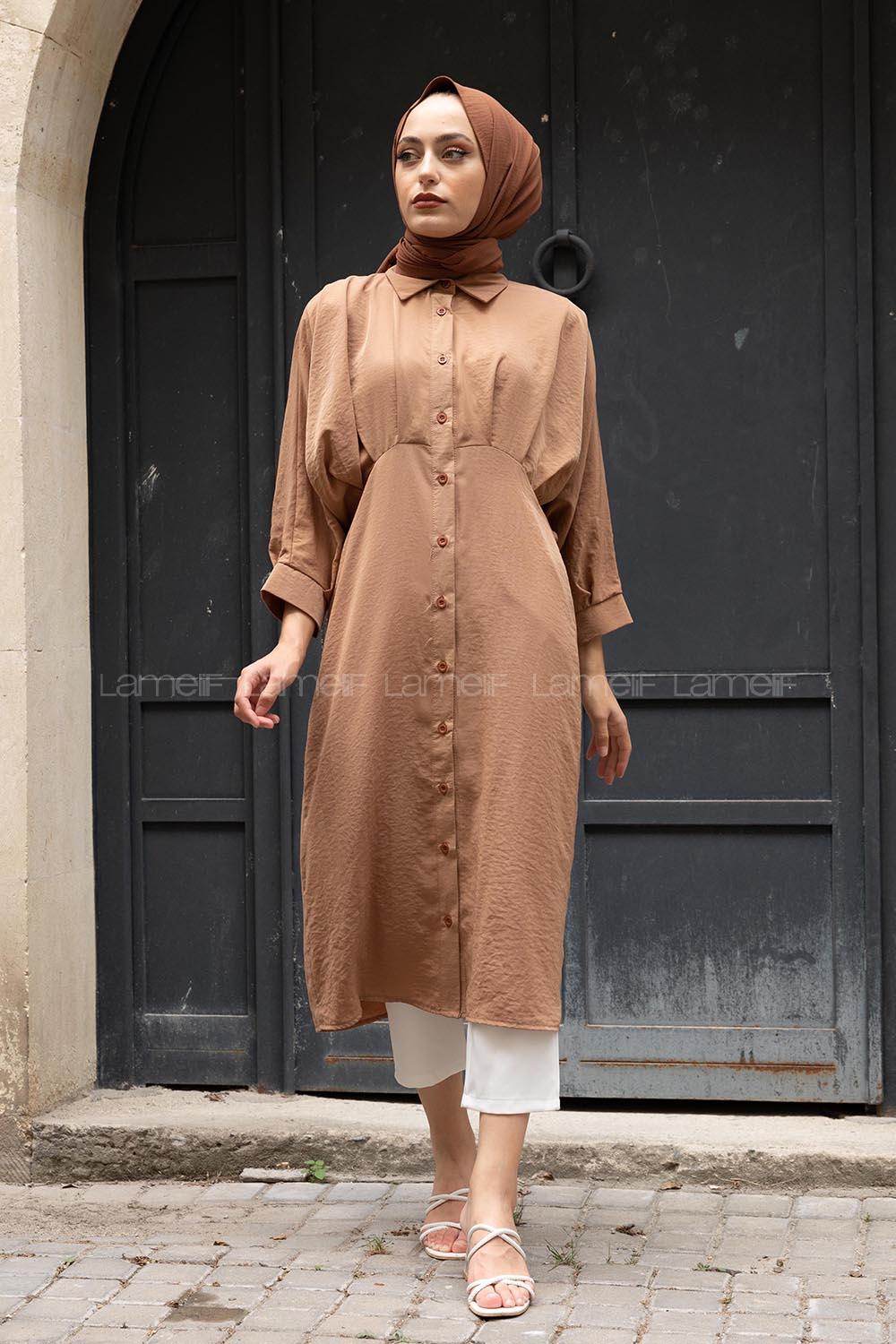 Modalamelif Yarasa Kol Pileli Gömlek Camel