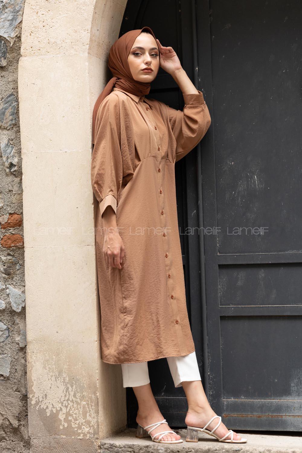 Modalamelif Yarasa Kol Pileli Gömlek Camel