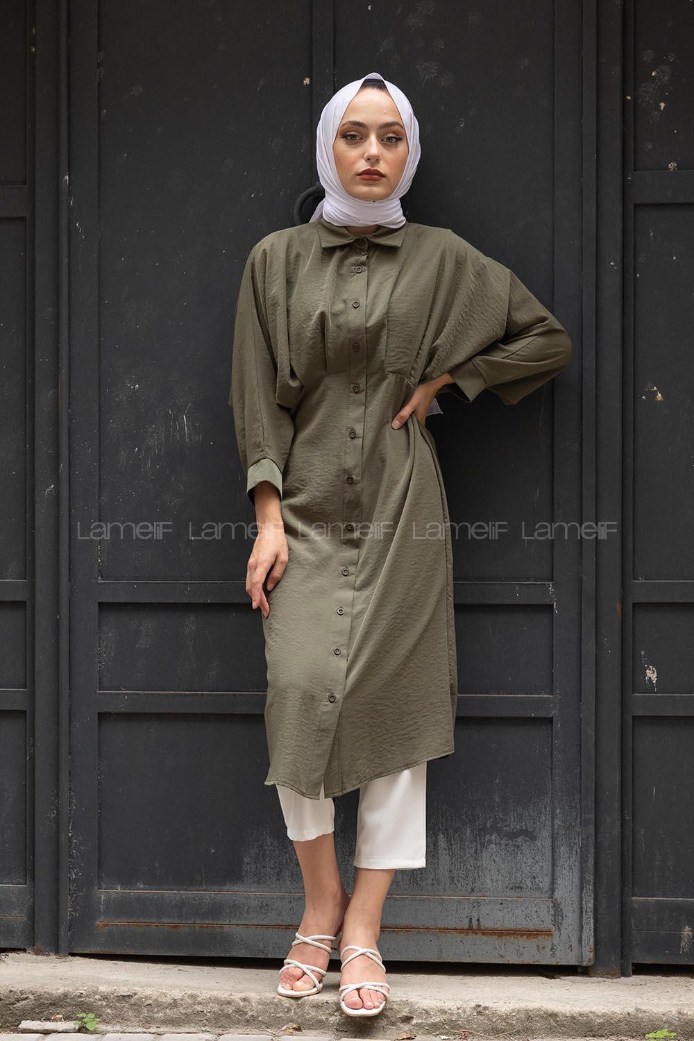 Modalamelif Yarasa Kol Pileli Gömlek Haki