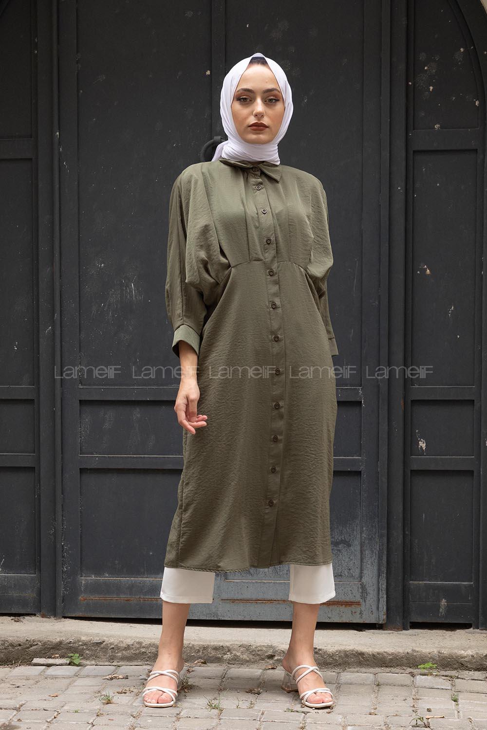 Modalamelif Yarasa Kol Pileli Gömlek Haki