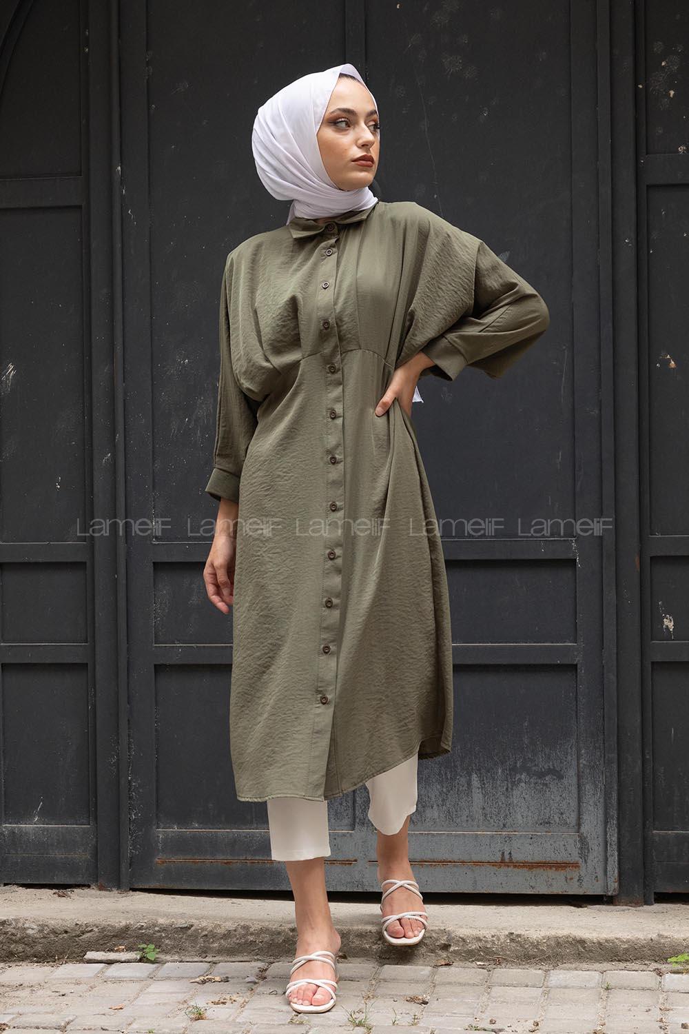 Modalamelif Yarasa Kol Pileli Gömlek Haki