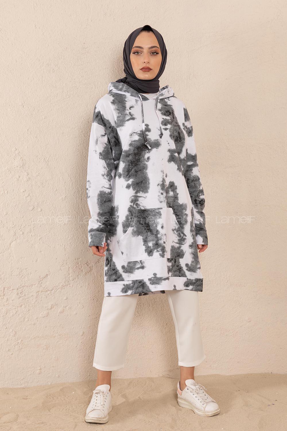 Modalamelif Batik Desen Kapşonlu Sweatshirt  Gri