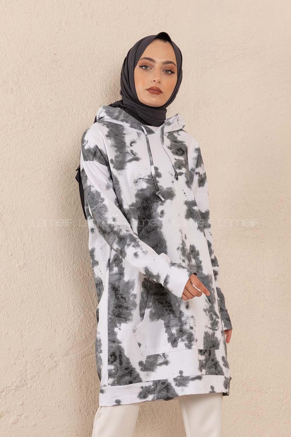 Modalamelif Batik Desen Kapşonlu Sweatshirt  Gri