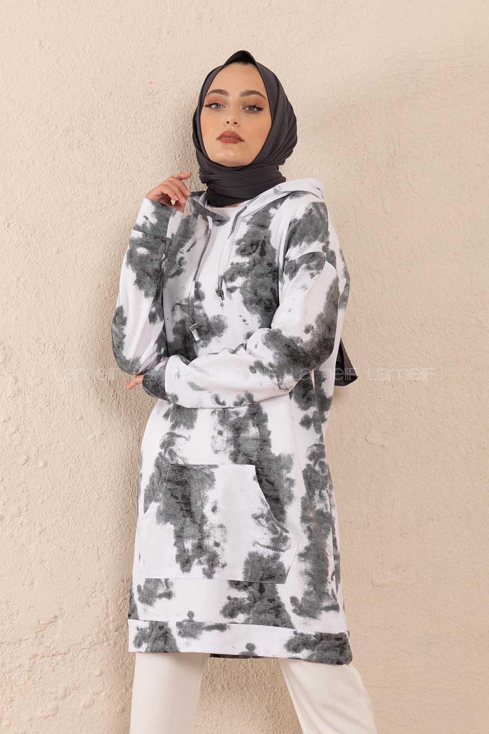 Modalamelif Batik Desen Kapşonlu Sweatshirt  Gri