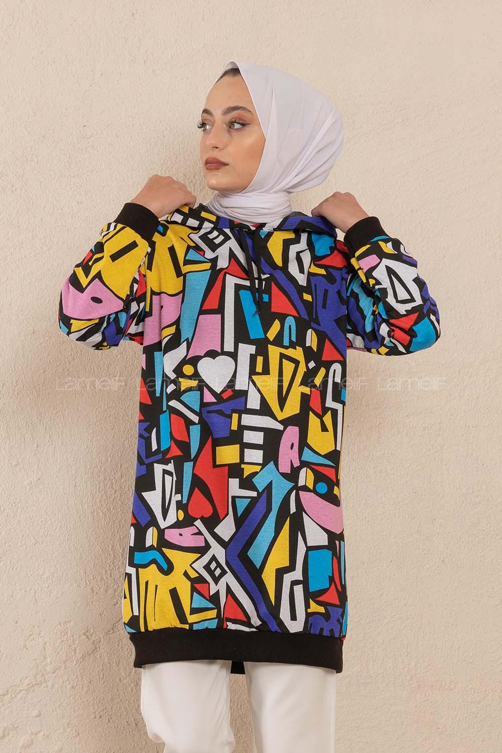 Modalamelif Bisiklet Yaka Pop-Art Desen Sweatshirt Siyah