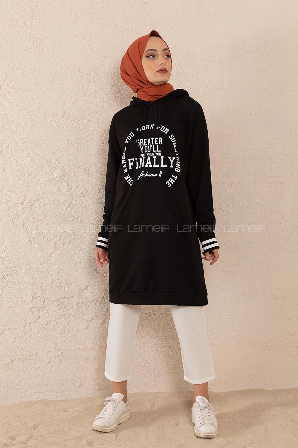 Modalamelif Greather Yazı Baskılı Sweat Tunik Siyah