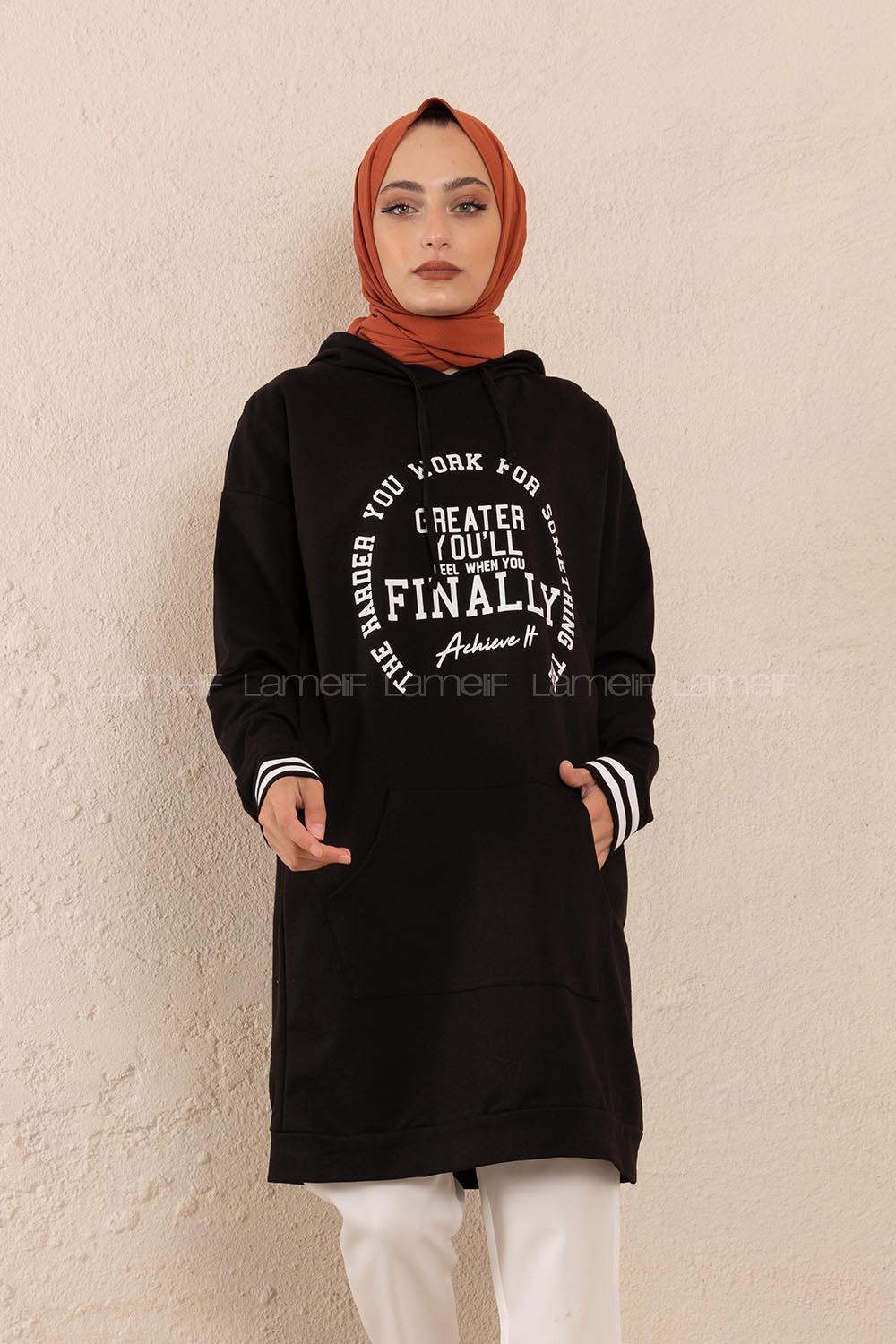 Modalamelif Greather Yazı Baskılı Sweat Tunik Siyah