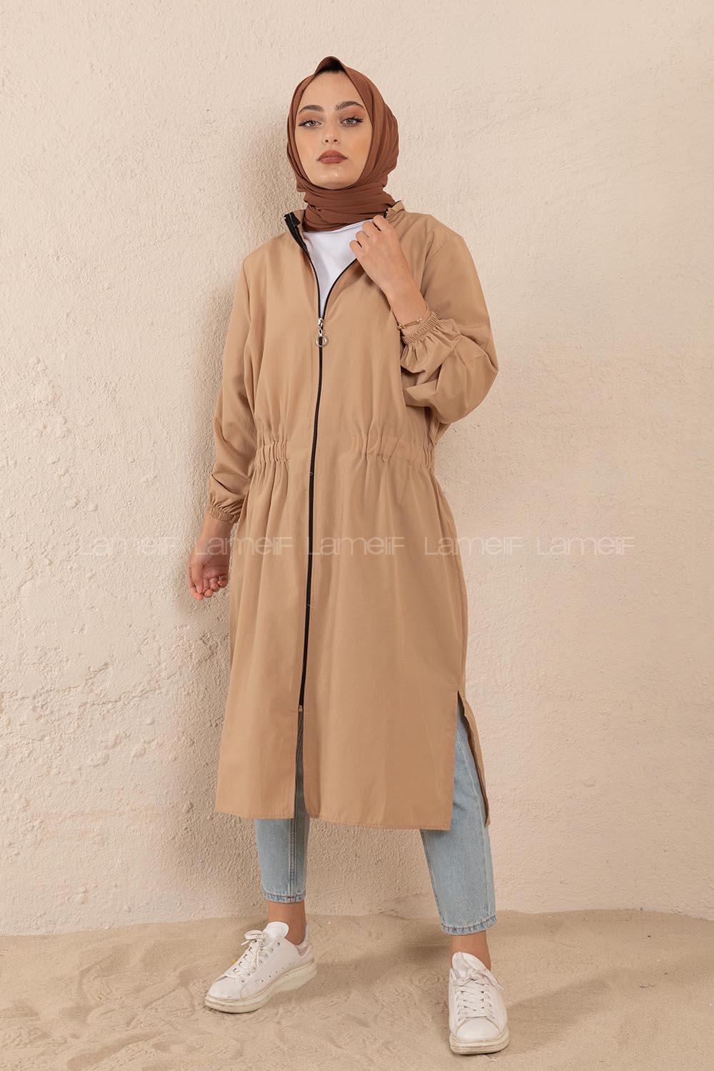 Modalamelif Hakim Yaka Bel Yarım Lastik Kap Camel