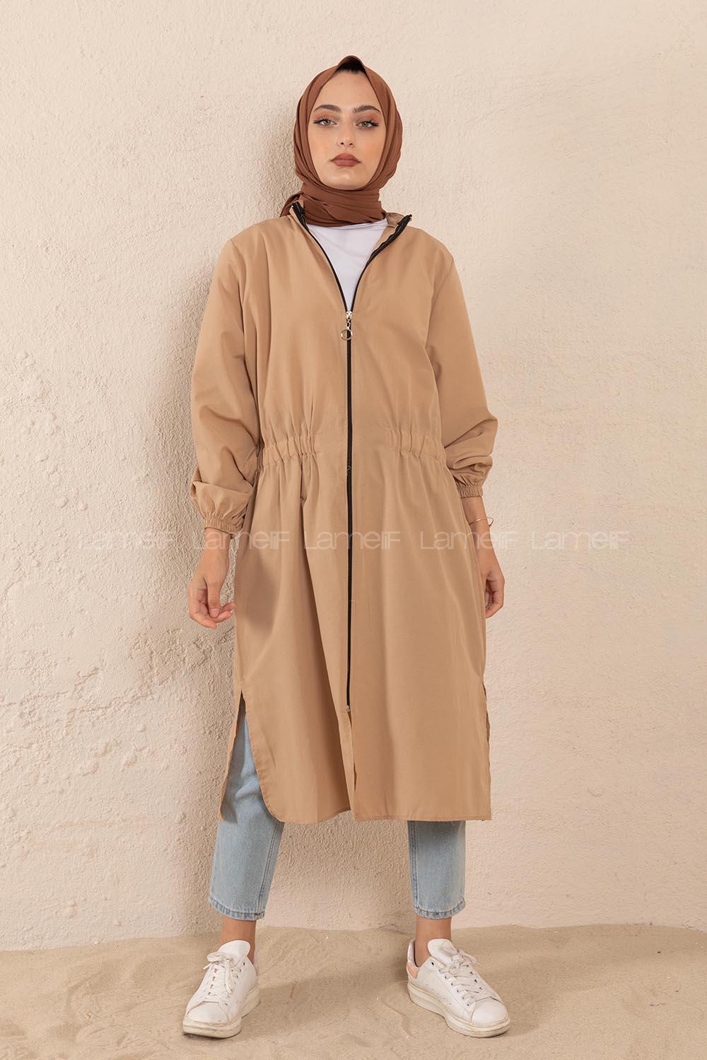 Modalamelif Hakim Yaka Bel Yarım Lastik Kap Camel