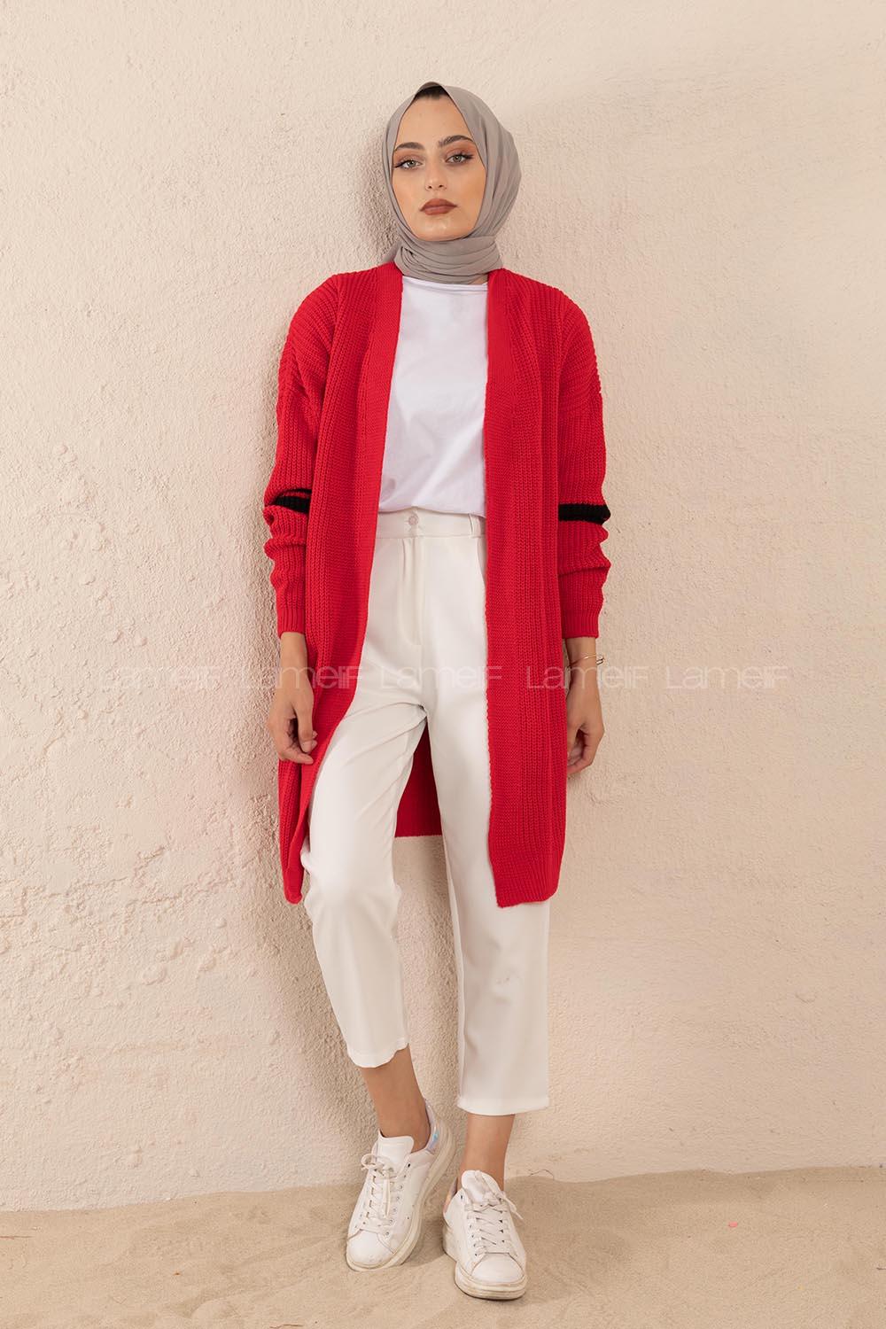 Modalamelif Kol Şeritli Triko Hırka Kırmızı