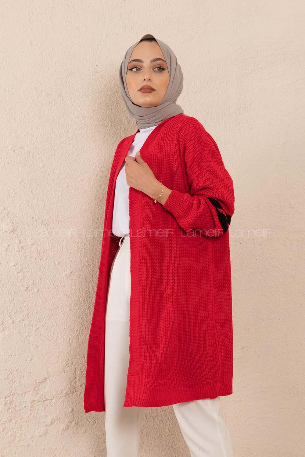 Modalamelif Kol Şeritli Triko Hırka Kırmızı