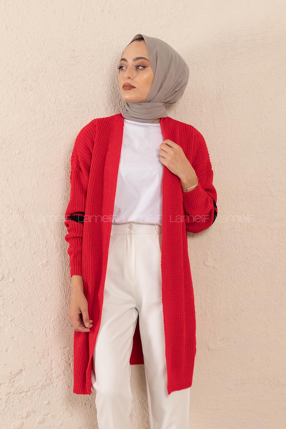 Modalamelif Kol Şeritli Triko Hırka Kırmızı